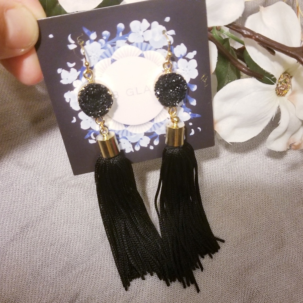 Black Druzy Tassell Drop Earrings - Picture 3 of 4